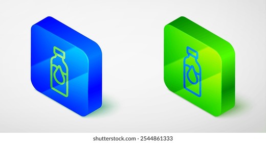 Línea isométrica Icono de tubo de ensayo de gasolina de aceite aislado sobre fondo gris. Matraz de química y caída de gota. Botón cuadrado azul y verde. Vector