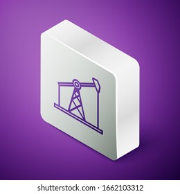 Isometric line Oil pump or pump jack icon isolated on purple background. Oil rig. Silver square button. Vector Illustration