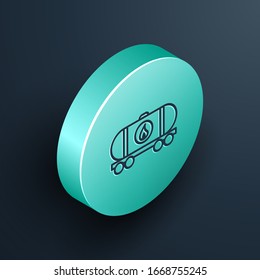 Isometric line Oil railway cistern icon isolated on black background. Train oil tank on railway car. Rail freight. Oil industry. Turquoise circle button. Vector Illustration