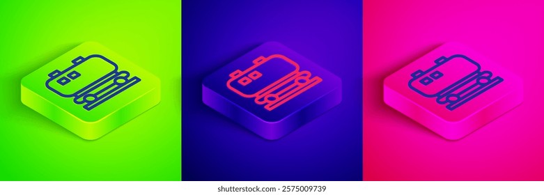 Isometric line Oil railway cistern icon isolated on green, blue and pink background. Train oil tank on railway car. Rail freight. Oil industry. Square button. Vector