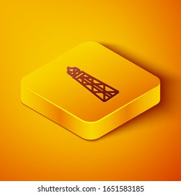 Isometric line Oil rig with fire icon isolated on orange background. Gas tower. Industrial object. Yellow square button. Vector Illustration