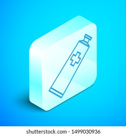 Isometric line Ointment cream tube medicine icon isolated on blue background. Tube, container, toothpaste, cream sign. Silver square button. Vector Illustration