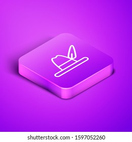 Isometric line Oktoberfest hat icon isolated on purple background. Hunter hat with feather. German hat. Purple square button. Vector Illustration