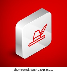 Isometric line Oktoberfest hat icon isolated on red background. Hunter hat with feather. German hat. Silver square button. Vector Illustration