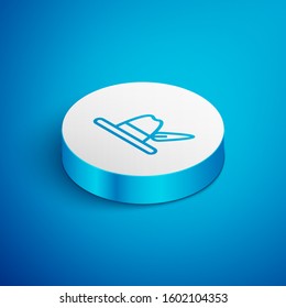 Isometric line Oktoberfest hat icon isolated on blue background. Hunter hat with feather. German hat. White circle button. Vector Illustration