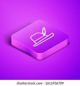 Isometric line Oktoberfest hat icon isolated on purple background. Hunter hat with feather. German hat. Purple square button. Vector Illustration