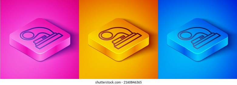 Isometric line Old gramophone icon isolated on pink and orange, blue background. Square button. Vector