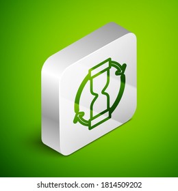Isometric line Old hourglass with flowing sand icon isolated on green background. Sand clock sign. Business and time management concept. Silver square button. Vector.