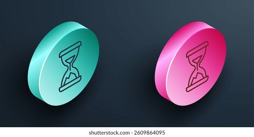 Isometric line Old hourglass with flowing sand icon isolated on black background. Sand clock sign. Business and time management concept. Turquoise and pink circle button. Vector