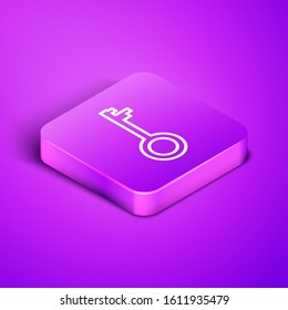 Isometric line Old key icon isolated on purple background. Purple square button. Vector Illustration