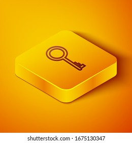 Isometric line Old key icon isolated on orange background. Yellow square button. Vector Illustration