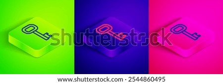 Isometric line Old key icon isolated on green, blue and pink background. Square button. Vector