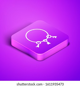 Isometric line Old keys icon isolated on purple background. Purple square button. Vector Illustration