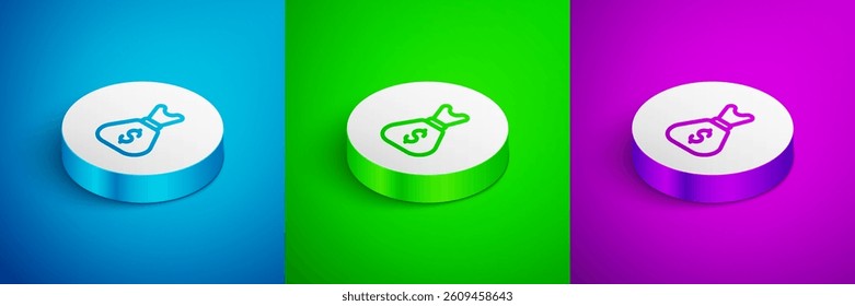 Isometric line Old money bag icon isolated on blue, green and purple background. Cash Banking currency sign. White circle button. Vector