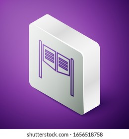 Isometric line Old western swinging saloon door icon isolated on purple background. Silver square button. Vector Illustration