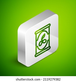 Isometric line Olives in can icon isolated on green background. Concept of canned food. Silver square button. Vector