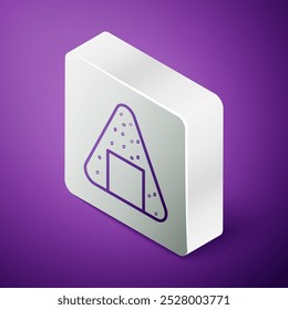 Isometric line Onigiri icon isolated on purple background. Japanese food. Silver square button. Vector Illustration