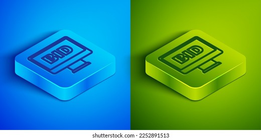 Isometric line Online auction icon isolated on blue and green background. Bid sign. Auction bidding. Sale and buyers. Square button. Vector