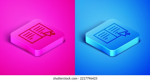 Isometric line Online book icon isolated on pink and blue background. Internet education concept, e-learning resources, distant online courses. Square button. Vector Illustration
