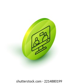 Isometric line Online education and graduation icon isolated on white background. Online teacher on monitor. Webinar and video seminar learning. Green circle button. Vector Illustration