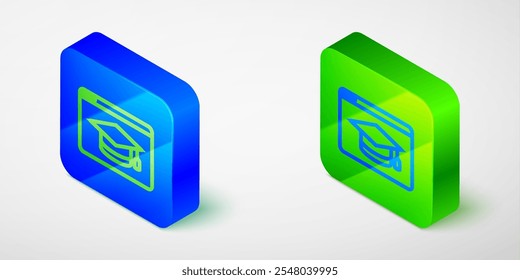 Línea isométrica Icono de educación y graduación en línea aislado sobre fondo gris. Profesor en línea en el monitor. Video Webinar y seminario de aprendizaje. Botón cuadrado azul y verde. Vector