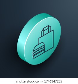 Isometric line Online ordering and burger delivery icon isolated on dark background. Turquoise circle button. Vector Illustration