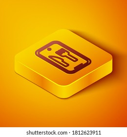 Isometric line Online ordering and fast food delivery icon isolated on orange background. Burger sign. Yellow square button. Vector