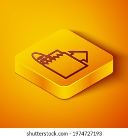 Isometric line Online ordering and fast food delivery icon isolated on orange background. Yellow square button. Vector Illustration