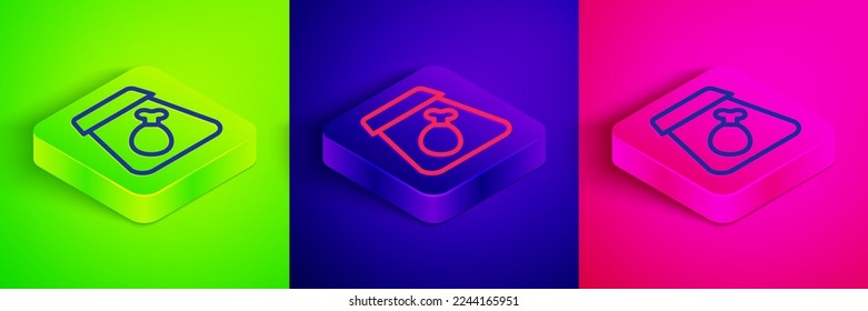 Isometric line Online ordering and fast food delivery with meal icon isolated on green, blue and pink background. Square button. Vector