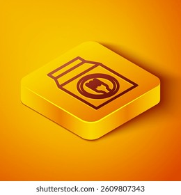 Isometric line Online ordering and fast food delivery icon isolated on orange background. Yellow square button. Vector Illustration