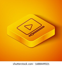 Isometric line Online play video icon isolated on orange background. Film strip with play sign. Yellow square button. Vector Illustration