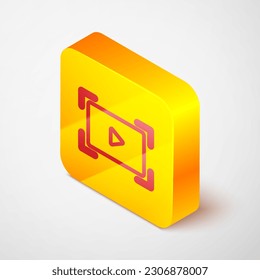 Isometric line Online play video icon isolated on grey background. Film strip with play sign. Yellow square button. Vector