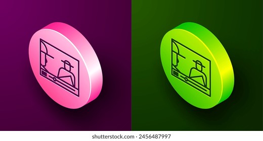 Isometric line Online play video icon isolated on purple and green background. Film strip with play sign. Circle button. Vector Illustration