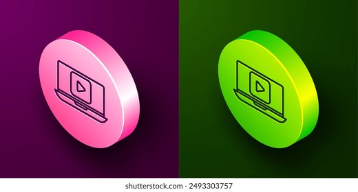 Isometric line Online play video icon isolated on purple and green background. Laptop and film strip with play sign. Circle button. Vector Illustration