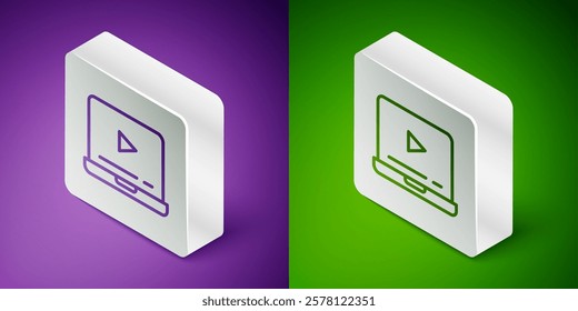 Isometric line Online play video icon isolated on purple and green background. Laptop and film strip with play sign. Silver square button. Vector