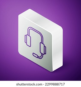 Isometric line Online psychological counseling distance icon isolated on purple background. Psychotherapy, psychological help, psychiatrist online consulting. Silver square button. Vector