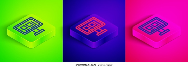 Isometric line Online shopping on screen icon isolated on green, blue and pink background. Concept e-commerce, e-business, online business marketing. Square button. Vector