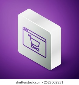 Línea isométrica Compras en línea en el icono de la pantalla aislado en el fondo púrpura. Concepto de comercio electrónico, comercio electrónico, marketing de negocios en línea. Botón cuadrado plateado. Vector