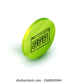 Isometric line Online slot machine with lucky sevens jackpot icon isolated on white background. Online casino. Green circle button. Vector Illustration