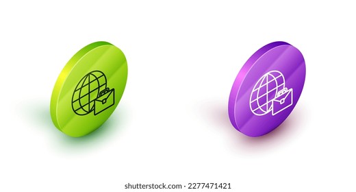 Isometric line Online working icon isolated on white background. Freelancer man working on laptop at his house. Remote work. Distant job concept. Green and purple circle buttons. Vector