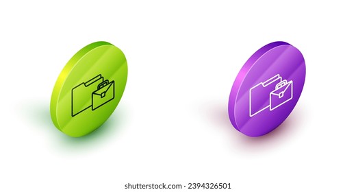 Isometric line Online working icon isolated on white background. Freelancer man working on laptop at his house. Remote work. Distant job concept. Green and purple circle buttons. Vector