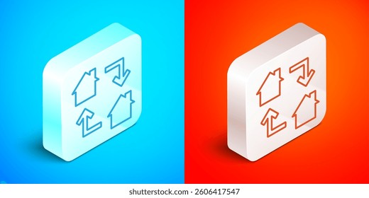 Isometric line Online working icon isolated on blue and red background. Freelancer man working on laptop at his house. Remote work. Distant job concept. Silver square button. Vector