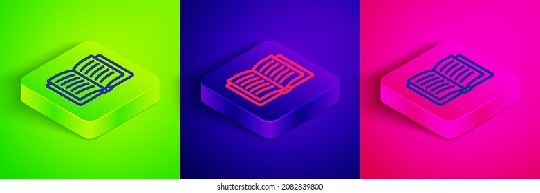 Isometric line Open book icon isolated on green, blue and pink background. Square button. Vector