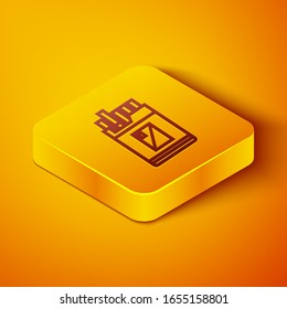 Isometrische Linie Offene Zigarettenpackung Symbol einzeln auf orangefarbenem Hintergrund. Packung Zigaretten. Gelber Quadrat-Knopf. Vektorillustration-Illustration