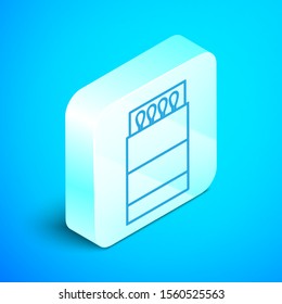 Isometric line Open matchbox and matches icon isolated on blue background. Silver square button. Vector Illustration