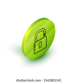 Isometric line Open padlock icon isolated on white background. Opened lock sign. Cyber security concept. Digital data protection. Safety safety. Green circle button. Vector Illustration