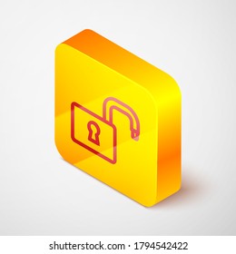 Isometric line Open padlock icon isolated on grey background. Opened lock sign. Cyber security concept. Digital data protection. Yellow square button. Vector