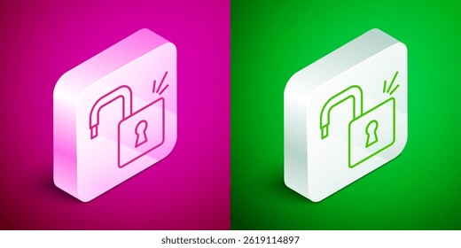 Isometric line Open padlock icon isolated on pink and green background. Opened lock sign. Cyber security concept. Digital data protection. Silver square button. Vector