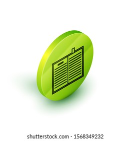 Isometric line Open science book icon isolated on white background. Green circle button. Vector Illustration