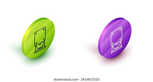 Isometric line Optical disc drive icon isolated on white background. CD DVD laptop tray drive for read and write data disc. Green and purple circle buttons. Vector